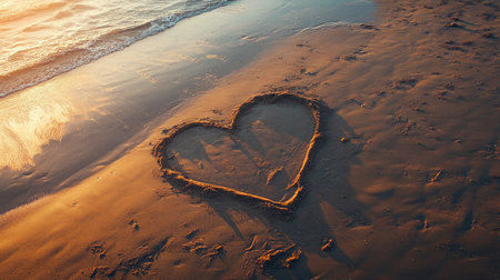 A heart drawn in the sand, its outline clear and sharp, with the tide gently approaching, symbolizing love's fleeting yet powerful nature.の素材