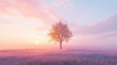 A lone tree standing proud in the middle of a field, with the early morning mist rising around it and a peaceful sunrise casting warm light.の素材