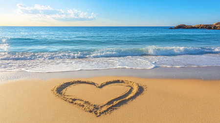 A heart shape drawn in the sand on a sunlit beach, with soft waves rolling in and the clear blue sky creating a serene and intimate atmosphere.の素材