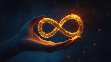 A hand holding a glowing infinity symbol against a dark background, symbolizing boundless opportunities and limitless potential.の素材