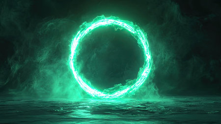 A glowing neon green geometric circle with sharp, luminous edges, floating on a dark background. The circle appears to pulse with light, evoking a digital or cyberpunk atmosphere.の素材