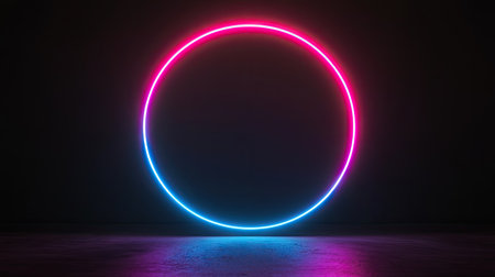 A glowing neon circle with a gradient of bright neon colors, from pink to blue, set against a stark black background. The vibrant glow makes it the focal point of the composition.の素材
