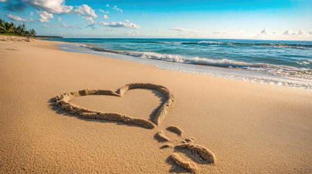 A heart drawn in the soft, smooth sand, with footprints leading toward it, set against the backdrop of a beautiful beach and a clear blue sky.の素材