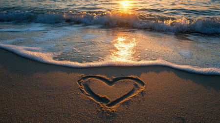 A heart drawn on the sandy shore with the ocean waves slowly reaching toward it, creating a calming, romantic scene at twilight.の素材