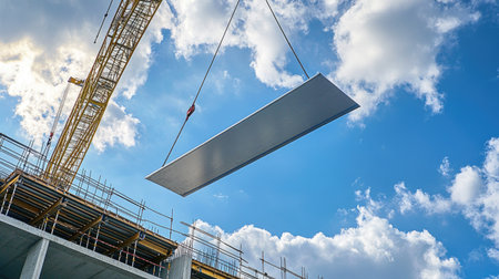 A metal sheet being hoisted by a crane at a construction site, ready to be placed on the roof of an industrial building in the final stages of construction.の素材