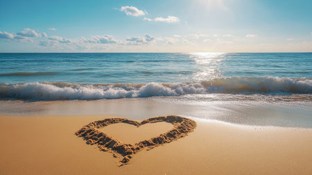 A heart shape drawn in the sand on a sunlit beach, with soft waves rolling in and the clear blue sky creating a serene and intimate atmosphere.の素材