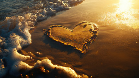 A heart shape etched into the sand on a beach, with the tranquil waves and golden sunlight creating a romantic, peaceful mood.の素材