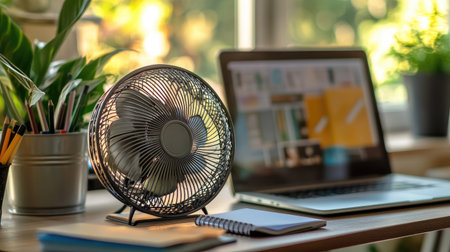 A metal fan on a desk, surrounded by modern office essentials like a laptop, notebook, and potted plants, creating a comfortable workspace.の素材