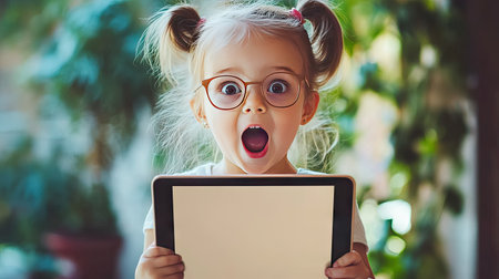 A little girl with a blank tablet computer in her hands, gazing with excitement, ready to explore interactive content or watch a video.の素材