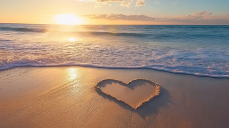 A heart drawn in the sand, with the ocean waves beginning to blur the shape, set against a beautiful sunrise over the calm ocean.の素材