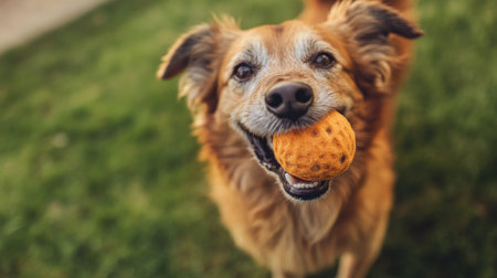 A happy dog proudly holding a squeaky ball in its mouth, standing on the grass. The dog looks excited and ready to play with its owner.の素材