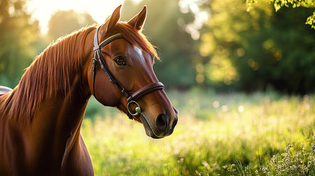 A horse with a bridle, standing on a lush pasture, looking content as it enjoys the peaceful environment of the countryside on a sunny day.の素材