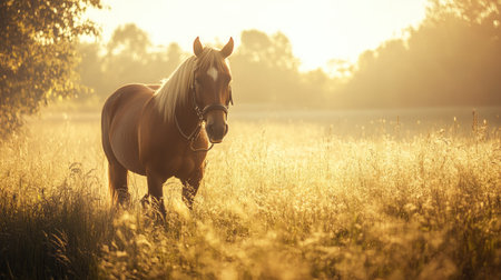 A horse with a leather bridle walking through a serene pasture, the gentle breeze rustling the tall grass and the warm sunlight casting a soft glow.の素材