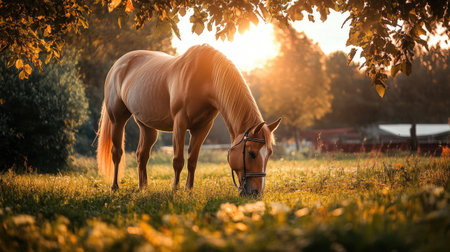 A horse grazing contentedly in a pasture, wearing a bridle, with vibrant grass and trees surrounding it, showcasing the beauty of rural life.の素材