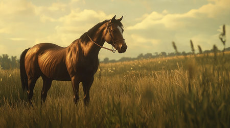 A majestic horse with a bridle standing tall in a lush pasture, its mane flowing in the breeze as it looks out over the wide, open field.の素材