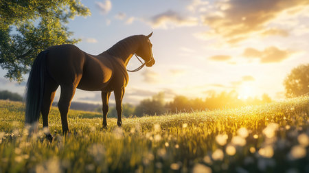 A horse standing in a tranquil pasture, wearing a bridle, its glossy coat shining as it gazes peacefully at the open landscape.の素材