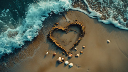 A heart sketched in the sand of a secluded beach, surrounded by small seashells, with the calming waves of the ocean gently lapping at the shore.の素材