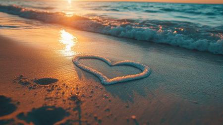 A heart drawn on the sandy shore with the ocean waves slowly reaching toward it, creating a calming, romantic scene at twilight.の素材