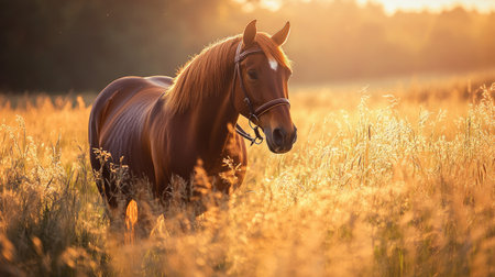 A horse with a leather bridle walking through a serene pasture, the gentle breeze rustling the tall grass and the warm sunlight casting a soft glow.の素材