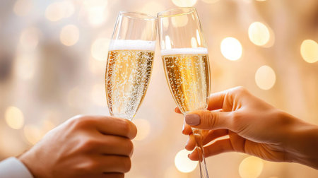 A joyful close-up shot of two people clinking champagne glasses, their hands meeting in the air with bubbles rising in the glasses. The background is filled with soft light and elegance.の素材