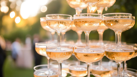 A grand champagne tower at an elegant reception, the glasses sparkling in the soft light as champagne overflows from the top glass, symbolizing luxury and festivity.の素材