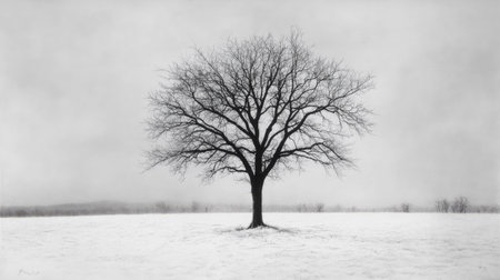 A lone tree standing in the middle of a snowy field, its bare branches stark against the white snow and gray sky, evoking a quiet, peaceful winter scene.の素材