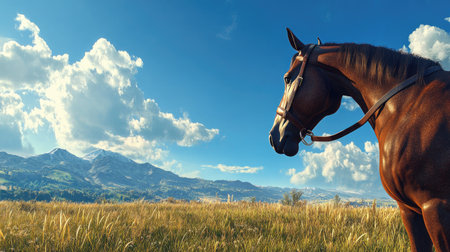 A horse with a well-fitted bridle standing calmly on a pasture, looking toward the horizon, with a backdrop of distant mountains and blue skies.の素材