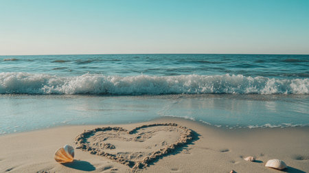 A large heart drawn on the sand, with seashells scattered around it and the ocean waves gently approaching, set against a clear, bright day.の素材