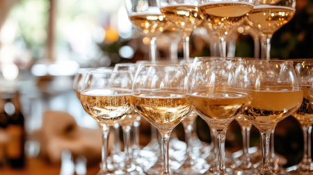 A luxurious reception featuring a tower of champagne glasses, with champagne sparkling and cascading down in a stunning, festive display. The room is filled with celebration.の素材