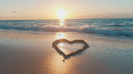 A heart shape drawn in the sand with a stick, positioned on a tranquil beach with gentle waves and a soft, golden sunset sky in the background.の素材