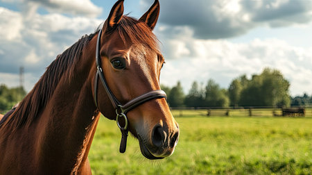 A horse with a bridle, standing on a lush pasture, looking content as it enjoys the peaceful environment of the countryside on a sunny day.の素材