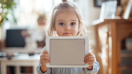 A little girl holding up a blank tablet computer, looking curious and eager to explore its digital possibilities in a bright room.の素材