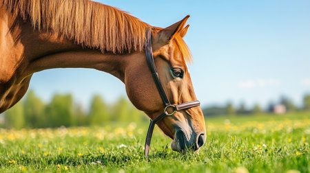 A horse grazing on a green pasture, its bridle shining in the sunlight, with a serene and picturesque countryside in the background.の素材