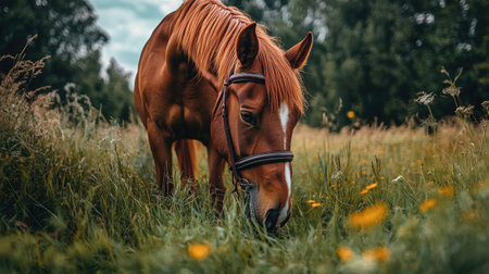 A horse grazing contentedly in a pasture, wearing a bridle, with vibrant grass and trees surrounding it, showcasing the beauty of rural life.の素材