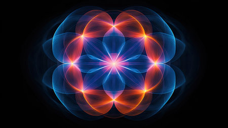 A neon geometric circle in blue, orange, and pink neon tones, illuminated in a perfect symmetry against a dark backdrop. The colors blur and blend to create a striking visual.の素材
