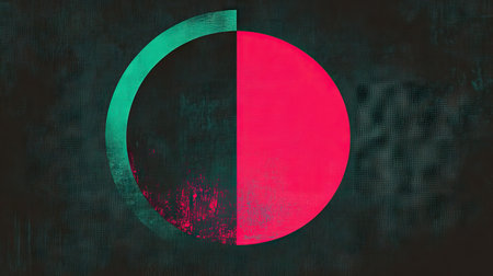 A neon pink and teal geometric circle on a dark background, glowing softly but creating a powerful, eye-catching contrast against the deep black space.の素材