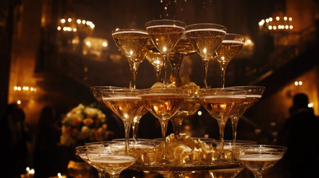 A majestic tower of champagne glasses at a reception, with the golden liquid sparkling in each glass, and champagne cascading down to create a celebratory atmosphere.の素材