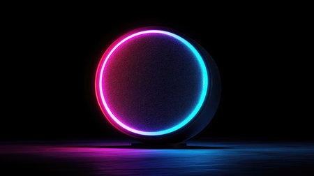 A neon geometric circle pulsating with light, changing colors between blue, purple, and pink, against a dark, black backdrop. Its energy gives a modern, electric feel.の素材