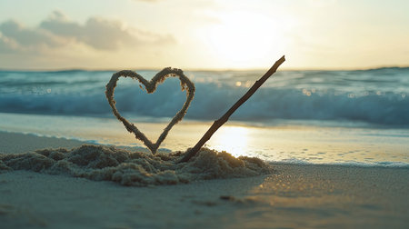 A heart shape drawn in the sand with a stick, positioned on a tranquil beach with gentle waves and a soft, golden sunset sky in the background.の素材
