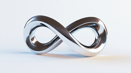 A minimalist infinity symbol formed from two intertwined metallic bands, set against a smooth white background, symbolizing unity and endless connection.の素材
