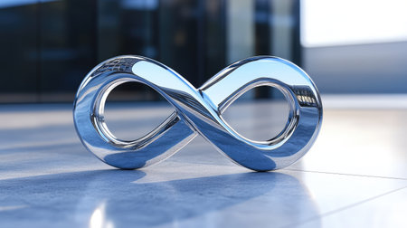 A modern, geometric infinity symbol made of metal and glass, set against a sleek, clean background, representing the infinite possibilities of the future.の素材
