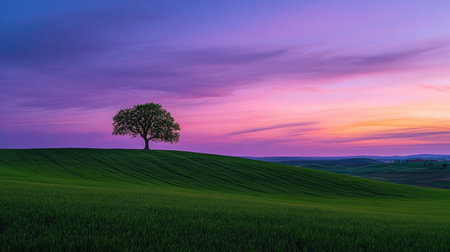 A lone tree standing alone on a hilltop, overlooking a sprawling green field, with the sky painted in shades of purple and pink at sunset.の素材