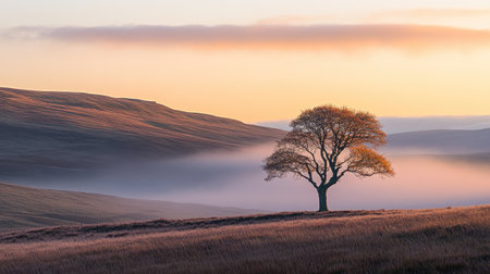 A lone tree standing proud in the middle of a field, with the early morning mist rising around it and a peaceful sunrise casting warm light.の素材
