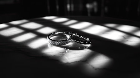 A pair of wedding rings on a table, the subtle lighting and shadows highlighting the rings' delicate details, evoking a sense of love and togetherness.の素材