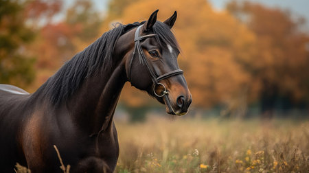 A majestic horse with a bridle standing tall in a lush pasture, its mane flowing in the breeze as it looks out over the wide, open field.の素材