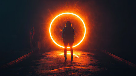 A neon orange and pink geometric circle glowing brightly in the center of a dark background, surrounded by subtle radiating lights, evoking a modern, digital aesthetic.の素材