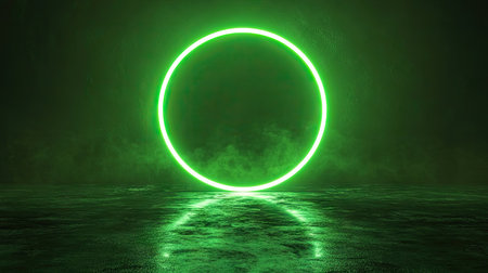 A luminous neon green circle on a dark background, surrounded by glowing radiations of light, creating a sharp geometric design with a futuristic vibe.の素材