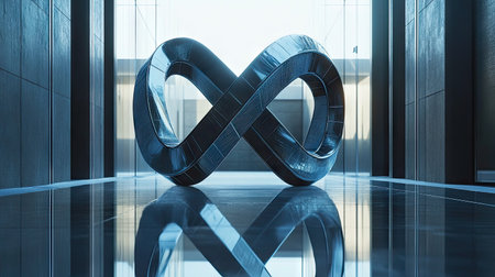 A modern, geometric infinity symbol made of metal and glass, set against a sleek, clean background, representing the infinite possibilities of the future.の素材