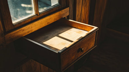 A partially opened drawer on a wooden table, with the light from a nearby window casting shadows on the items inside, creating a warm, inviting atmosphere.の素材
