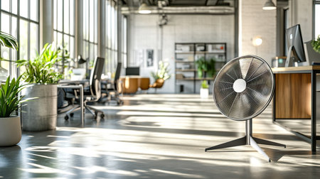 A modern office with a shiny metal fan on the floor, offering cooling relief amidst the clean, streamlined furniture and decor.の素材